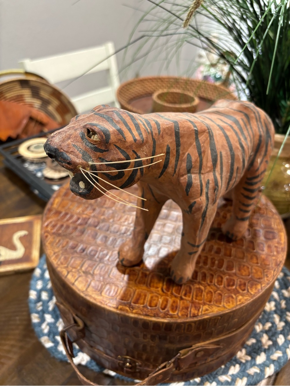 Antique Paper Mache Tiger Figurine Orange and Black Missing an Eye